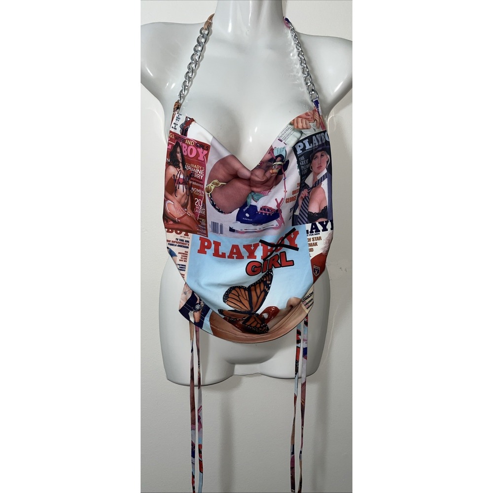 Jyosei PLAYBOY Magazine Print Halter Top M Chain Straps Cinched Sides Festival